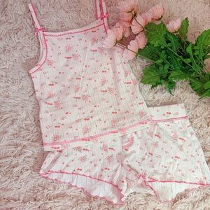 ASOS Design Pink Bow Coquette Cherry Ruffle Pajama PJ Set Sz XS